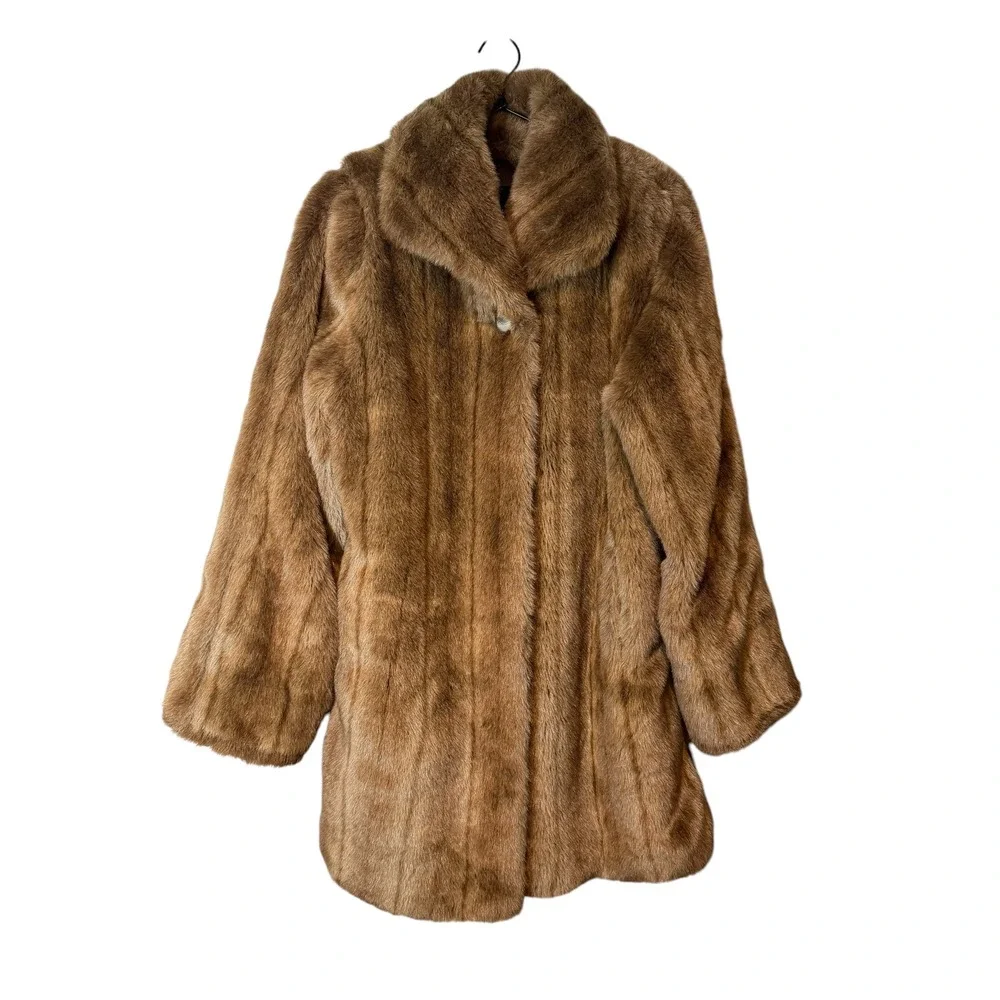Alpine Studio Womens Faux Fur Coat Brown Mid Length Jacket Small Mob Wife Y2K